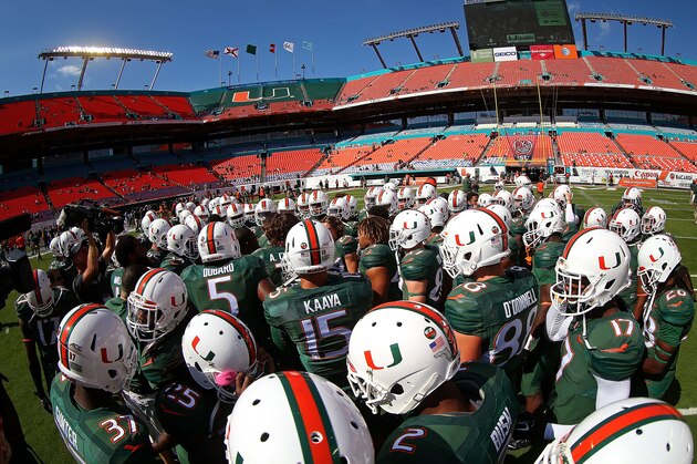 MIAMI GARDENS, FL - NOVEMBER 01:  The Miami Hurricanes huddle during a game against the North Carolina Tar Heels at Sun Life Stadium on November 1, 2014 in Miami Gardens, Florida.  (Photo by Mike Ehrmann/Getty Images)