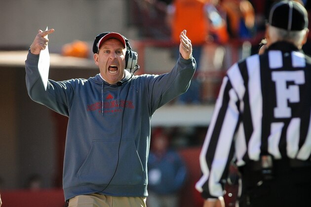 LINCOLN, NE - NOVEMBER 1: Nebraska Cornhuskers head coach Bo Pelini expresses himself to an official during their game against the Purdue Boilermakers at Memorial Stadium on November 1, 2014 in Lincoln, Nebraska.  (Photo by Eric Francis/Getty Images)