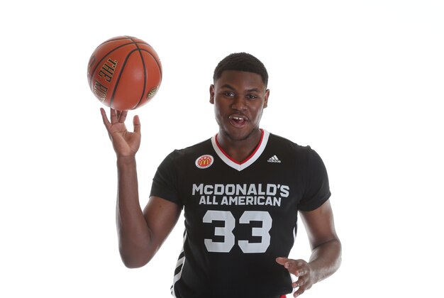 Mar 28, 2015; Chicago, IL, USA; McDonalds High School All American athlete Diamond Stone (33) poses for pictures during portrait day at the Westin Hotel. Mandatory Credit: Brian Spurlock-USA TODAY Sports