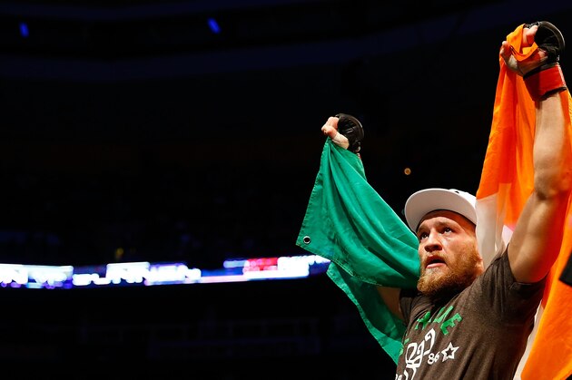 BOSTON, MA - AUGUST 17: Conor McGregor celebrates following his win against Max Holloway in their featherweight bout at TD Garden on August 17, 2013 in Boston, Massachusetts. (Photo by Jared Wickerham/Getty Images)