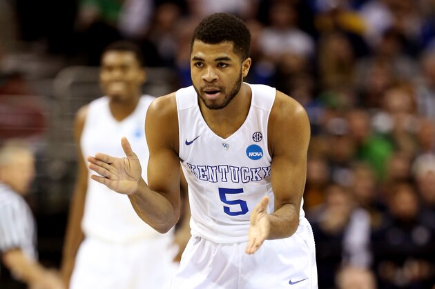 CLEVELAND, OH - MARCH 26: Andrew Harrison #5 of the Kentucky Wildcats reacts after a play in the first half against the West Virginia Mountaineers during the Midwest Regional semifinal of the 2015 NCAA Men's Basketball Tournament at Quicken Loans Arena on March 26, 2015 in Cleveland, Ohio.  (Photo by Andy Lyons/Getty Images)