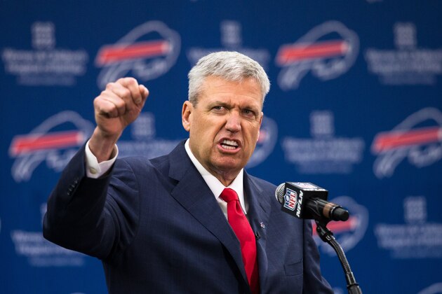 ORCHARD PARK, NY - JANUARY 14: Rex Ryan speaks at a press conference announcing his arrival as head coach of the Buffalo Bills on January 14, 2015 at Ralph Wilson Stadium in Orchard Park, New York. (Photo by Brett Carlsen/Getty Images)