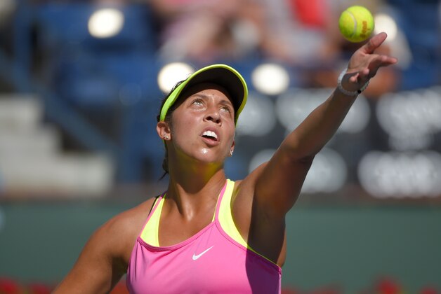 Madison Keys serves to Jelena Jankovic, of Serbia, during their match at the BNP Paribas Open tennis tournament, Monday, March 16, 2015 in Indian Wells, Calif. (AP Photo/Mark J. Terrill)
