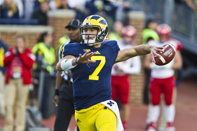 Michigan quarterback Shane Morris (7) throws a pass in the fourth quarter of an NCAA college football game against Miami (Ohio) in Ann Arbor, Mich., Saturday, Sept. 13, 2014. (AP Photo/Tony Ding)
