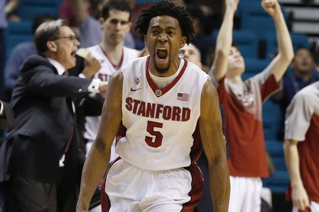 Stanford's Chasson Randle celebrates after sinking a game winning basket to defeat Washington in an NCAA college basketball game in the first round of the Pac-12 conference tournament Wednesday, March 11, 2015, in Las Vegas. Stanford won 71-69. (AP Photo/John Locher)