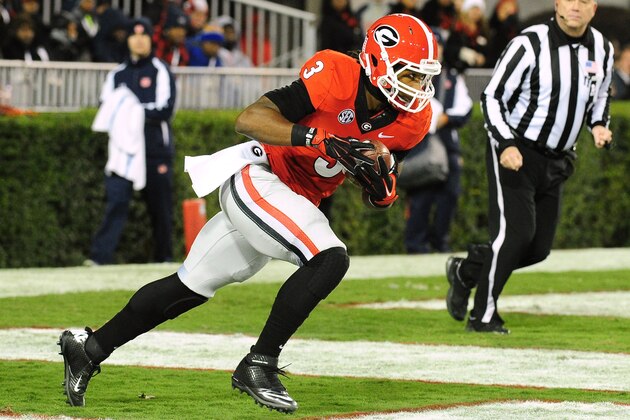 ATHENS, GA - NOVEMBER 15: Todd Gurley #3 of the Georgia Bulldogs returns a kickoff for a 103-yard touchdown against the Auburn Tigers at Sanford Stadium on November 15, 2014 in Athens, Georgia. The play would be called back by a penalty. (Photo by Scott Cunningham/Getty Images)