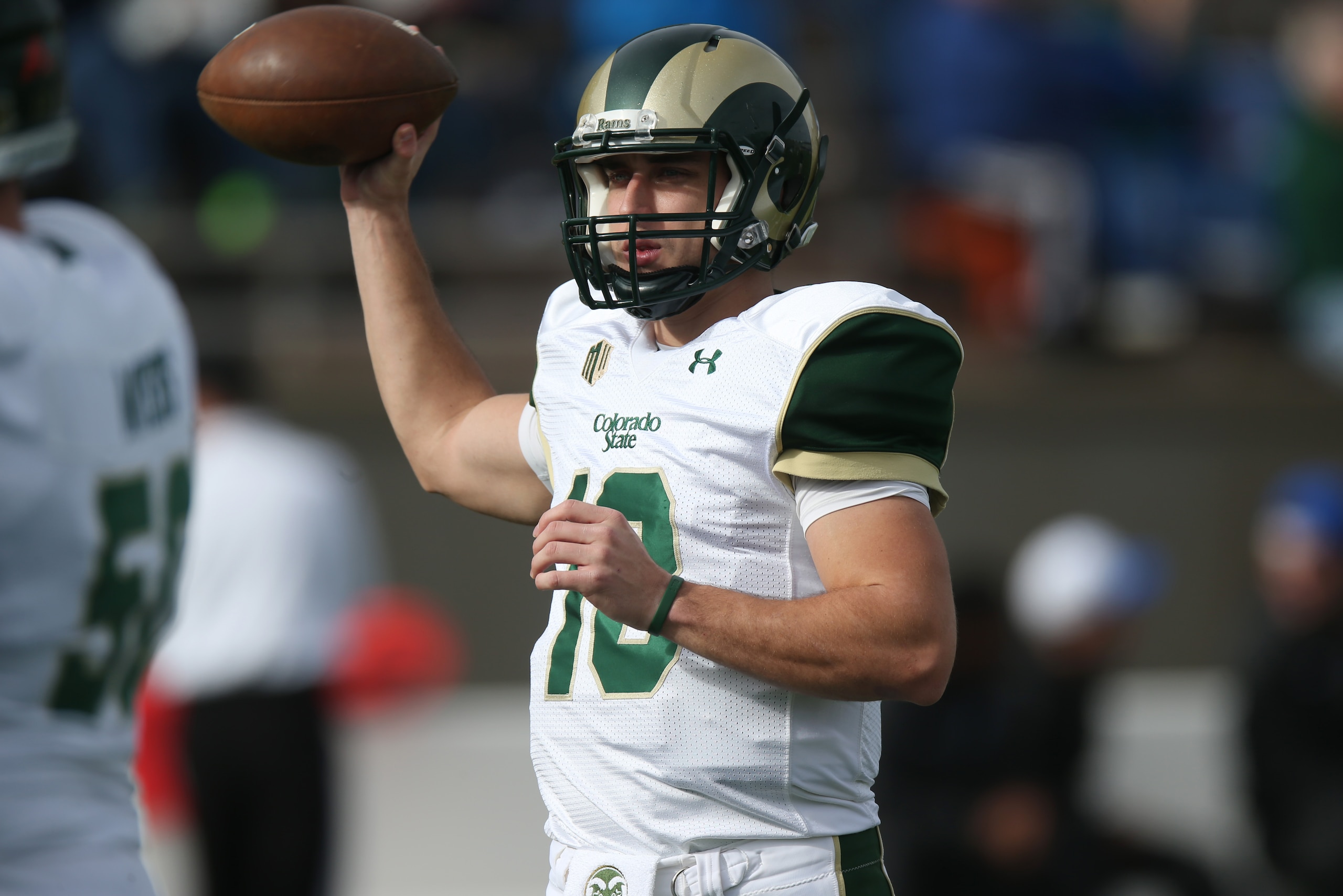 Colorado State quarterback Garrett Grayson warms up before facing Air Force in the first quarter of an NCAA college football game at Air Force Academy, Colo., on Friday, Nov. 28, 2014. (AP Photo/David Zalubowski)