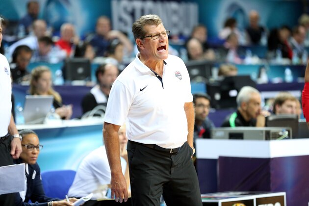 ISTANBUL, TURKEY - OCTOBER 4: Head coach Geno Auriemma of the Women's Senior U.S. National Team reacts during game against Australia during the semifinal round of the 2014 FIBA World Championships on October 4, 2014 in Istanbul, Turkey. NOTE TO USER: User expressly acknowledges and agrees that, by downloading and or using this photograph, User is consenting to the terms and conditions of the Getty Images License Agreement. Mandatory Copyright Notice: Copyright 2014 NBAE (Photo by Ned Dishman/NBAE via Getty Images)