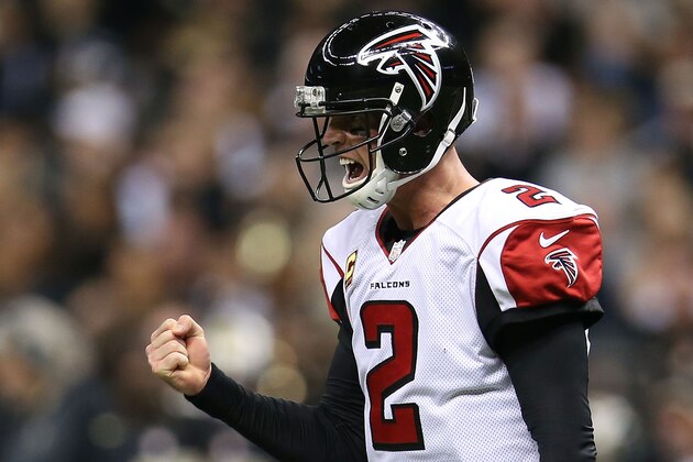 NEW ORLEANS, LA - DECEMBER 21:  Matt Ryan #2 of the Atlanta Falcons celebrates a touchdown during the second quarter of a game against the New Orleans Saints at the Mercedes-Benz Superdome on December 21, 2014 in New Orleans, Louisiana.  (Photo by Chris Graythen/Getty Images)