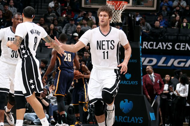 NEW YORK, NY - MARCH 31: Brook Lopez #11 of the Brooklyn Nets celebrates during a game against the Indiana Pacers on March 31, 2015 at the Barclays Center in the Brooklyn borough of New York City. NOTE TO USER: User expressly acknowledges and agrees that, by downloading and or using this Photograph, user is consenting to the terms and conditions of the Getty Images License Agreement. Mandatory Copyright Notice: Copyright 2015 NBAE (Photo by Nathaniel S. Butler/NBAE via Getty Images)
