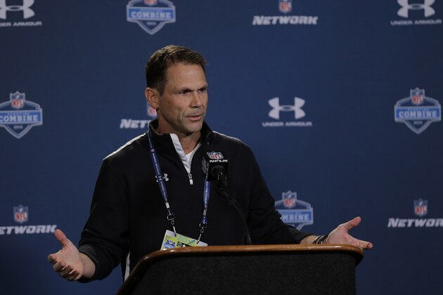 San Francisco 49ers general manager Trent Baalke answers a question during a news conference at the NFL football scouting combine in Indianapolis, Wednesday, Feb. 18, 2015. (AP Photo/David J. Phillip)