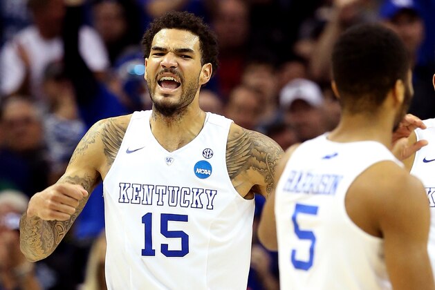 CLEVELAND, OH - MARCH 28:  Willie Cauley-Stein #15 of the Kentucky Wildcats reacts after a play in the second half against the Notre Dame Fighting Irish during the Midwest Regional Final of the 2015 NCAA Men's Basketball tournament at Quicken Loans Arena on March 28, 2015 in Cleveland, Ohio.  (Photo by Andy Lyons/Getty Images)