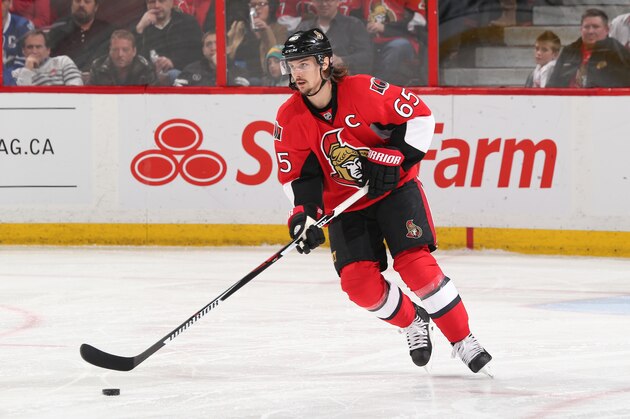 OTTAWA, ON - MARCH 21: Erik Karlsson #65 of the Ottawa Senators skates against the Toronto Maple Leafs at Canadian Tire Centre on March 21, 2015 in Ottawa, Ontario, Canada.  (Photo by Andre Ringuette/NHLI via Getty Images)