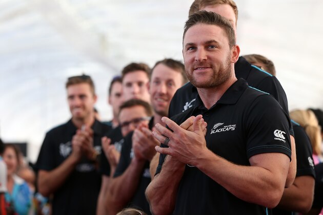 AUCKLAND, NEW ZEALAND - MARCH 31:  Black Caps captain Brendon McCullum (R) and the team watch the haka during the Zealand Blackcaps Welcome Home Reception at Queen's Wharf on March 31, 2015 in Auckland, New Zealand. New Zealand had their most successful Cricket World Cup campaign by making the final of the tournament for the first time.  (Photo by Fiona Goodall/Getty Images)