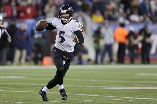Baltimore Ravens quarterback Joe Flacco (5) rolls out to pass against the New England Patriots in the first half of an NFL divisional playoff football game Saturday, Jan. 10, 2015, in Foxborough, Mass. (AP Photo/Charles Krupa)