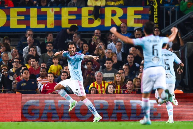BARCELONA, SPAIN - NOVEMBER 01: Larrivey of Celta de Vigo celebrates after scoring the opening goal during the La Liga match between FC Barcelona and Celta de Vigo at Camp Nou on November 1, 2014 in Barcelona, Spain.  (Photo by David Ramos/Getty Images)