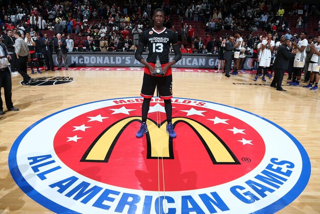 Apr 1, 2015; Chicago, IL, USA;  McDonalds High School All American East forward Cheick Diallo (13) wins the John Wooden Award as the MVP during the McDonalds High School All American Games at the United Center. Mandatory Credit: Brian Spurlock-USA TODAY Sports