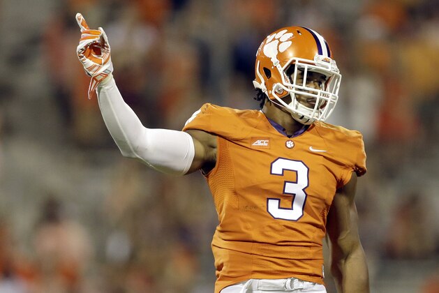 Clemson's Vic Beasley (3) during the second half of an NCAA college football game against North Carolina in Clemson, S.C., Saturday Sept. 27, 2014. Clemson won 50-35. (AP Photo/Bob Leverone)
