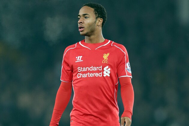 Liverpool's Raheem Sterling during their English Premier League soccer match against Everton at Goodison Park in Liverpool, England, Saturday Feb. 7, 2015. (AP Photo/Clint Hughes)