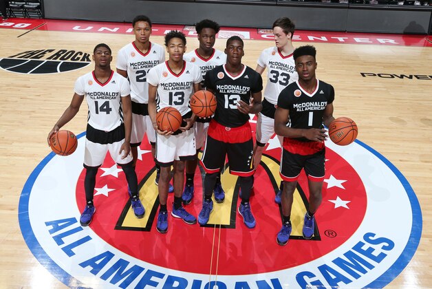 Apr 1, 2015; Chicago, IL, USA; McDonalds High School All Americans forward forward Ivan Rabb (23), center Caleb Swanigan (50), guard Malik Newman (14), forward Brandon X. Ingram (13) white jersey, forward Cheick Diallo (13) black jersey, forward Jaylen Brown (1) and center Stephen Zimmerman Jr. (33) who are all still undecided on their choice of college pose for a group photo  before the start of the McDonalds High School All American Games at the United Center. Mandatory Credit: Brian Spurlock-USA TODAY Sports