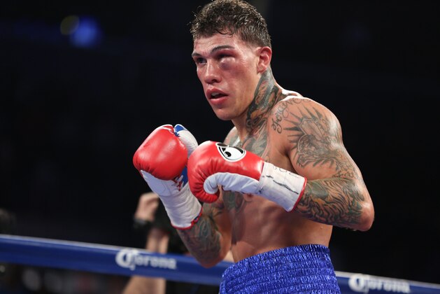Gabriel Rosado in action against David Lemieux during their middleweight fight at the Barclay's Center in Brooklyn, NY on Saturday, November 6, 2014.  Lemieux won via 10th round TKO.  (AP Photo/Gregory Payan)