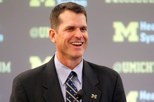ANN ARBOR, MI - DECEMBER 30:  Jim Harbaugh speaks as he is introduced as the new Head Coach of the University of Michigan football team at the Junge Family Champions Center on December 30, 2014 in Ann Arbor, Michigan.  (Photo by Gregory Shamus/Getty Images)