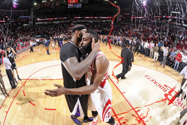 HOUSTON, TX - APRIL 1:  James Harden #13 of the Houston Rockets and DeMarcus Cousins #15 of the Sacramento Kings after the game on April 1, 2015 at the Toyota Center in Houston, Texas. NOTE TO USER: User expressly acknowledges and agrees that, by downloading and or using this photograph, User is consenting to the terms and conditions of the Getty Images License Agreement. Mandatory Copyright Notice: Copyright 2015 NBAE (Photo by Bill Baptist/NBAE via Getty Images)