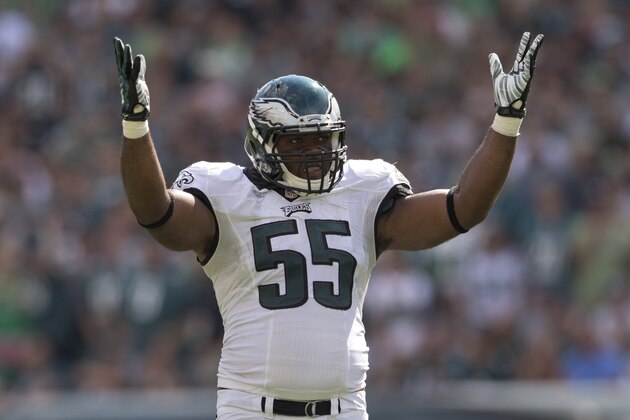 PHILADELPHIA, PA - SEPTEMBER 7: Linebacker Brandon Graham #55 of the Philadelphia Eagles asks the crowd to get loud in the second half against the Jacksoville Jaguars on September 7, 2014 at Lincoln Financial Field in Philadelphia, Pennsylvania. The Eagles defeated the Jaguars 34-17 (Photo by Mitchell Leff/Getty Images)