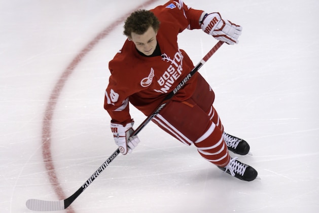 Boston University forward Jack Eichel warms up before the first period of the college hockey Beanpot Tournament in Boston, Monday, Feb. 23, 2015.  (AP Photo/Charles Krupa)