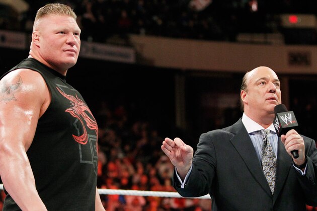 Manager Paul Heyman communicates with Brock Lesnar at Wrestlemania XXXI, on Sunday, March 29, 2015 in Santa Clara, CA. 2015 marks the first year Wrestlemania will be held in the San Francisco Bay Area, being made available to viewers in 177 countries via the WWE Network. (Don Feria/AP Images for WWE)