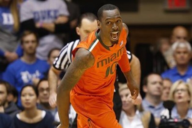 CORRECTS YEAR - Miami's Sheldon McClellan reacts during the first half of an NCAA college basketball game against Duke on Tuesday, Jan. 13, 2015, in Durham, N.C. (AP Photo/Ellen Ozier)