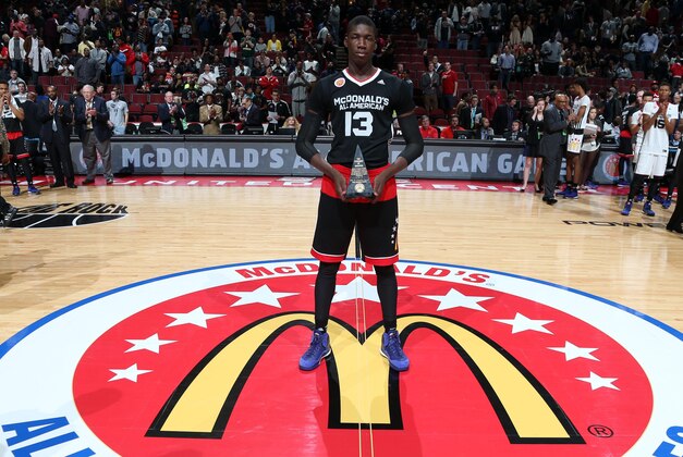 Apr 1, 2015; Chicago, IL, USA;  McDonalds High School All American East forward Cheick Diallo (13) wins the John Wooden Award as the MVP during the McDonalds High School All American Games at the United Center. Mandatory Credit: Brian Spurlock-USA TODAY Sports