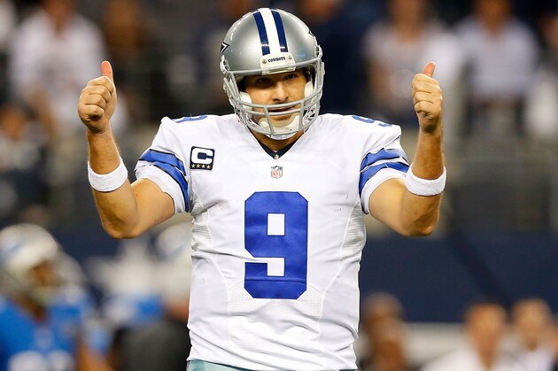 ARLINGTON, TX - JANUARY 04:  Tony Romo #9 of the Dallas Cowboys gestures against the Detroit Lions during the second half of their NFC Wild Card Playoff game at AT&T Stadium on January 4, 2015 in Arlington, Texas.  (Photo by Tom Pennington/Getty Images)