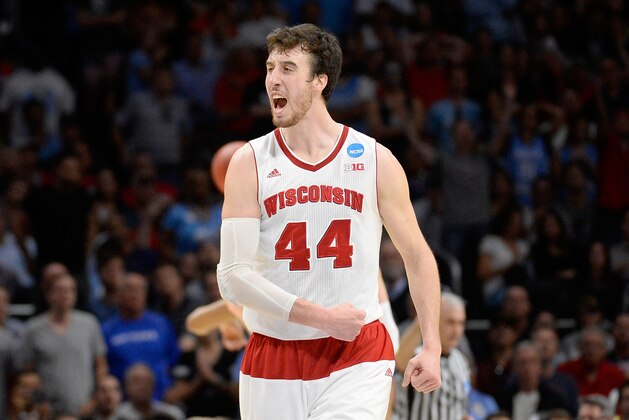 LOS ANGELES, CA - MARCH 26:  Frank Kaminsky #44 of the Wisconsin Badgers celebrates against the North Carolina Tar Heels during the West Regional Semifinal of the 2015 NCAA Men's Basketball Tournament at Staples Center on March 26, 2015 in Los Angeles, California.  (Photo by Harry How/Getty Images)