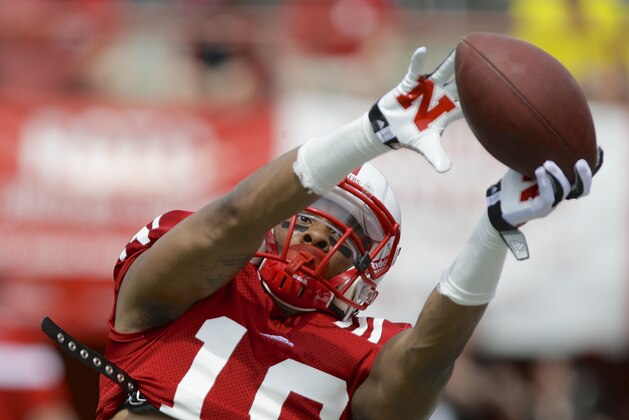 Nebraska wide receiver Jamal Turner (10) catches the ball prior to Nebraska's NCAA college football spring game in Lincoln, Neb., Saturday, April 12, 2014. (AP Photo/Nati Harnik)