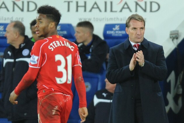 Liverpool's Raheem Sterling, left, is subtistuted by manager Brendan Rodgers, right, during the English Premier League soccer match between Leicester City and Liverpool at King Power Stadium, in Leicester, England, Tuesday, Dec. 2, 2014.  (AP Photo/Rui Vieira)