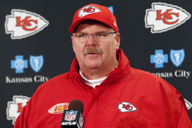 Kansas City Chiefs head coach Andy Reid answers a question during a post-game news conference following a 20-12 loss to the Pittsburgh Steelers in an NFL football game in Pittsburgh, Sunday, Dec. 21, 2014. (AP Photo/Tom Puskar)