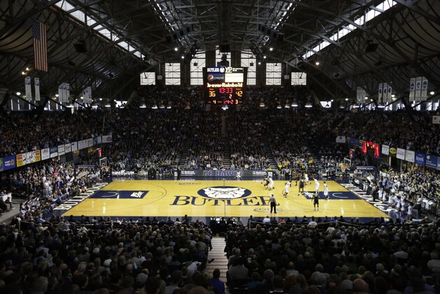 Hinkle Fieldhouse is shown in the second half of an NCAA college basketball game between Butler and Marquette in Indianapolis, Saturday, Jan. 18, 2014. Butler defeated Marquette 69-57 in overtime. (AP Photo/Michael Conroy)