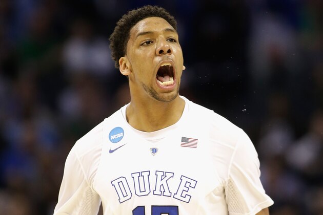 CHARLOTTE, NC - MARCH 22:  Jahlil Okafor #15 of the Duke Blue Devils reacts against the San Diego State Aztecs during the third round of the 2015 NCAA Men's Basketball Tournament at Time Warner Cable Arena on March 22, 2015 in Charlotte, North Carolina.  (Photo by Bob Leverone/Getty Images)