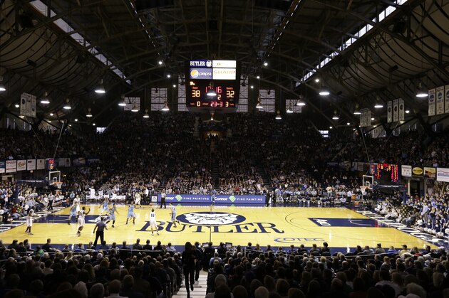 The home of Butler University basketball Hinkle Fieldhouse is shown in the second half of an NCAA college basketball game between Butler and Rhode Island in Indianapolis, Saturday, Feb. 2, 2013. Butler defeated Rhode Island 75-68. (AP Photo/Michael Conroy)