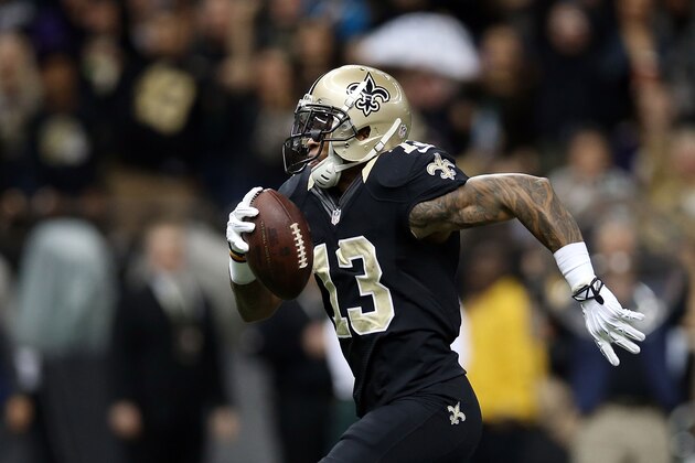 NEW ORLEANS, LA - NOVEMBER 24:  Joe Morgan #13 of the New Orleans Saints runs for yards during the first quarter of a game against the Baltimore Ravens at the Mercedes-Benz Superdome on November 24, 2014 in New Orleans, Louisiana.  (Photo by Chris Graythen/Getty Images)