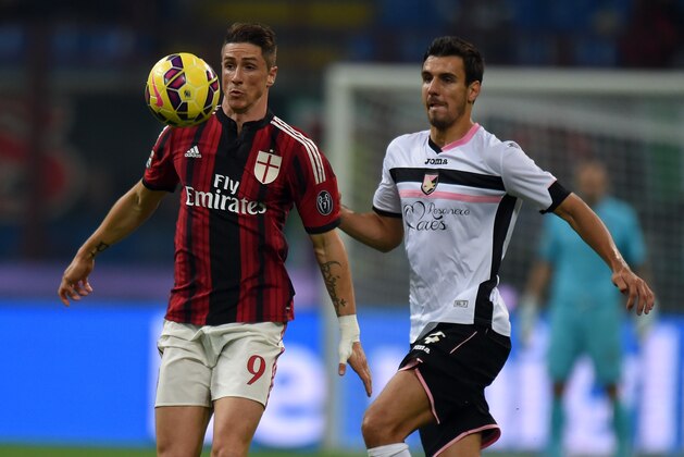 MILAN, ITALY - NOVEMBER 02: Fernando Torres (L) of Milan controls the ball as Sinisa Andelkovic of Palermo tackles during the Serie A match between AC Milan and US Citta di Palermo at Stadio Giuseppe Meazza on November 2, 2014 in Milan, Italy.  (Photo by Tullio M. Puglia/Getty Images)