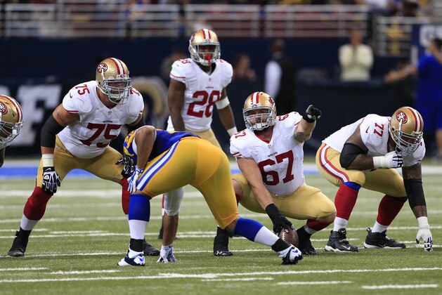 San Francisco 49ers center Daniel Kilgore (67) gets ready to snap the ball against the St. Louis Rams in the third quarter of an NFL football game Monday, Oct. 13, 2014, in St Louis. (AP Photo/Billy Hurst)