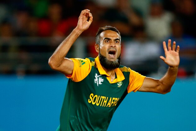 AUCKLAND, NEW ZEALAND - MARCH 24: Imran Tahir of South Africa reacts  during the 2015 Cricket World Cup Semi Final match between New Zealand and South Africa at Eden Park on March 24, 2015 in Auckland, New Zealand.  (Photo by Phil Walter/Getty Images)