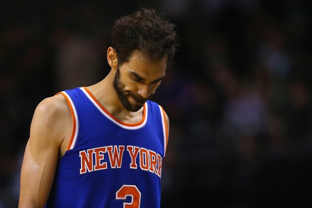 BOSTON, MA - FEBRUARY 25:  Jose Calderon #3 of the New York Knicks looks on during the game against the Boston Celtics at TD Garden on February 25, 2015 in Boston, Massachusetts. NOTE TO USER: User expressly acknowledges and agrees that, by downloading and or using this photograph, User is consenting to the terms and conditions of the Getty Images License Agreement.  (Photo by Maddie Meyer/Getty Images)