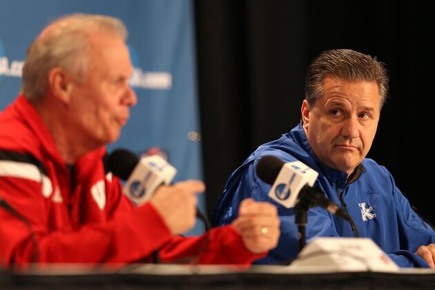 INDIANAPOLIS, IN - APRIL 02:  Head coach Bo Ryan of the Wisconsin Badgers and head coach John Calipari of the Kentucky Wildcats address the media during a press conference before the 2015 NCAA Men's Final Four at Lucas Oil Stadium on April 2, 2015 in Indianapolis, Indiana. Wisconsin plays Kentucky on Saturday, April 4th.  (Photo by Streeter Lecka/Getty Images)