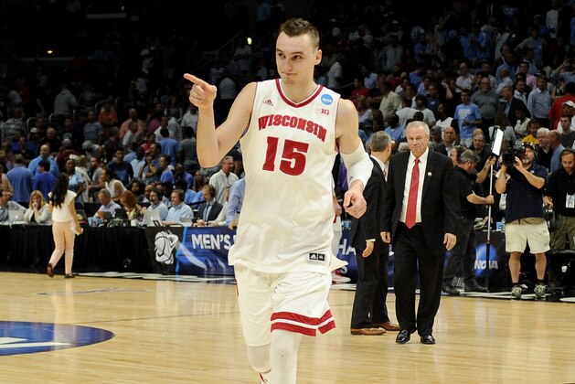 LOS ANGELES, CA - MARCH 26:  Sam Dekker #15 of the Wisconsin Badgers celebrates after the Badgers 79-72 victory against the North Carolina Tar Heels during the West Regional Semifinal of the 2015 NCAA Men's Basketball Tournament at Staples Center on March 26, 2015 in Los Angeles, California.  (Photo by Harry How/Getty Images)