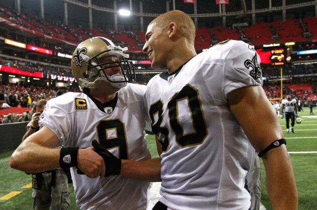 ATLANTA, GA - NOVEMBER 13:  Drew Brees #9 and Jimmy Graham #80 of the New Orleans Saints celebrate after their 26-23 win in overtime against the Atlanta Falcons at Georgia Dome on November 13, 2011 in Atlanta, Georgia.  (Photo by Kevin C. Cox/Getty Images)