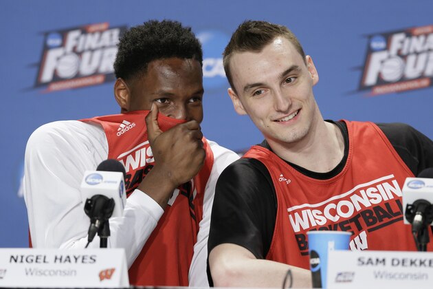 Wisconsin's Nigel Hayes and Sam Dekker have some fun during a news conference for the NCAA Final Four tournament college basketball semifinal game Friday, April 3, 2015, in Indianapolis. Wisconsin plays Kentucky on Saturday. (AP Photo/Charlie Neibergall)