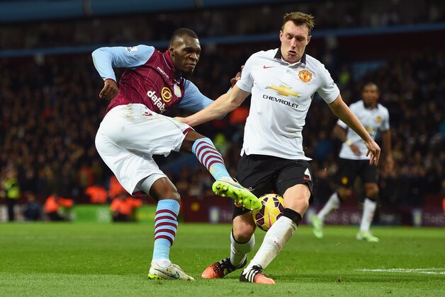 BIRMINGHAM, ENGLAND - DECEMBER 20:  Christian Benteke of Aston Villa is closed down by Jonny Evans of Manchester United during the Barclays Premier League match between Aston Villa and Manchester United at Villa Park on December 20, 2014 in Birmingham, England.  (Photo by Michael Regan/Getty Images)